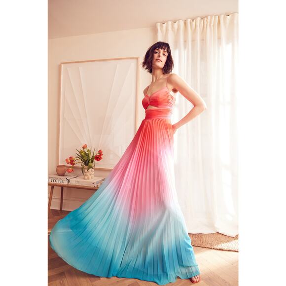 Amur Sleeveless Front Cut Out Emmet Pleated Chiffon Gown Ombre Sunset Size 4 - Picture 6 of 16